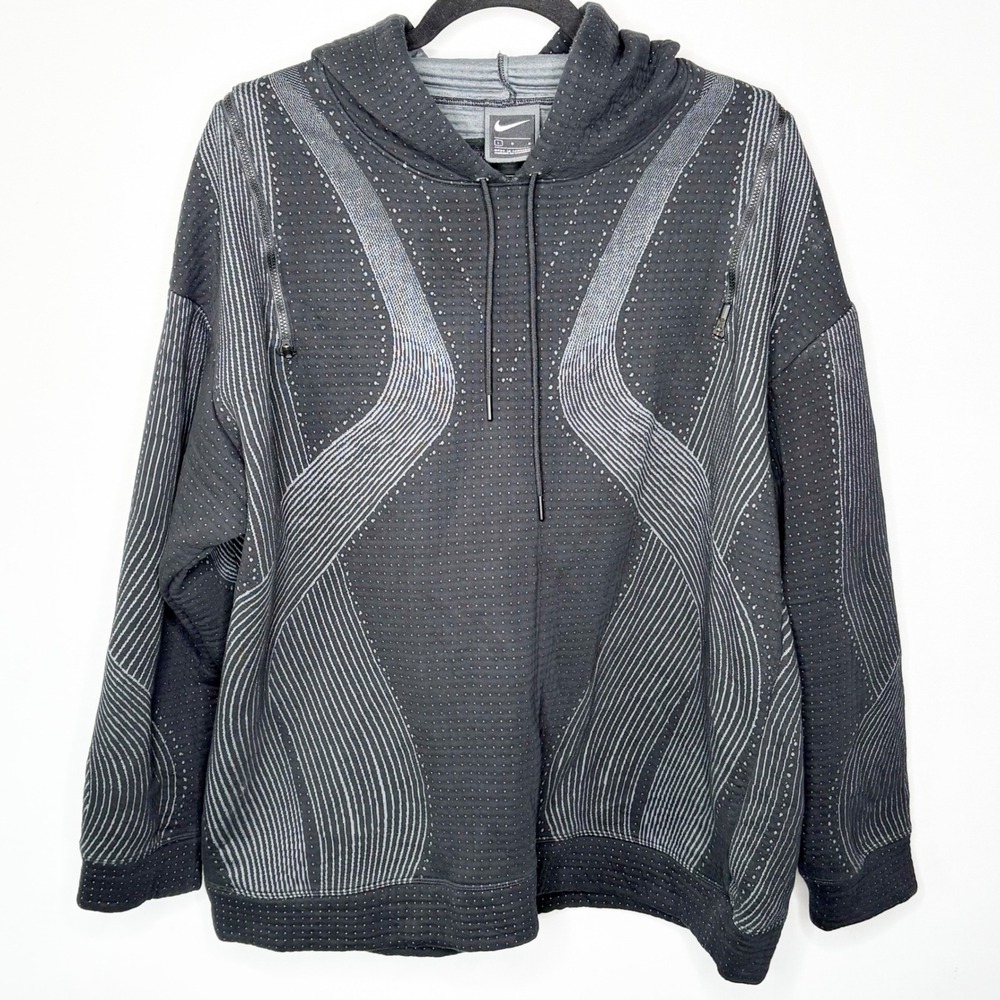 Nike Mens Tech Geometric Wavy Line Perforated Pullover Hoodie Black Grey Large